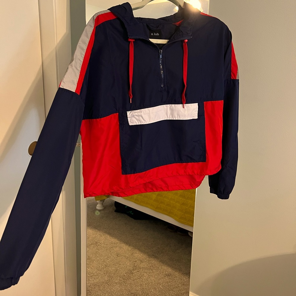 a . lab, Blue Red White and Silver Hooded Windbreaker, M